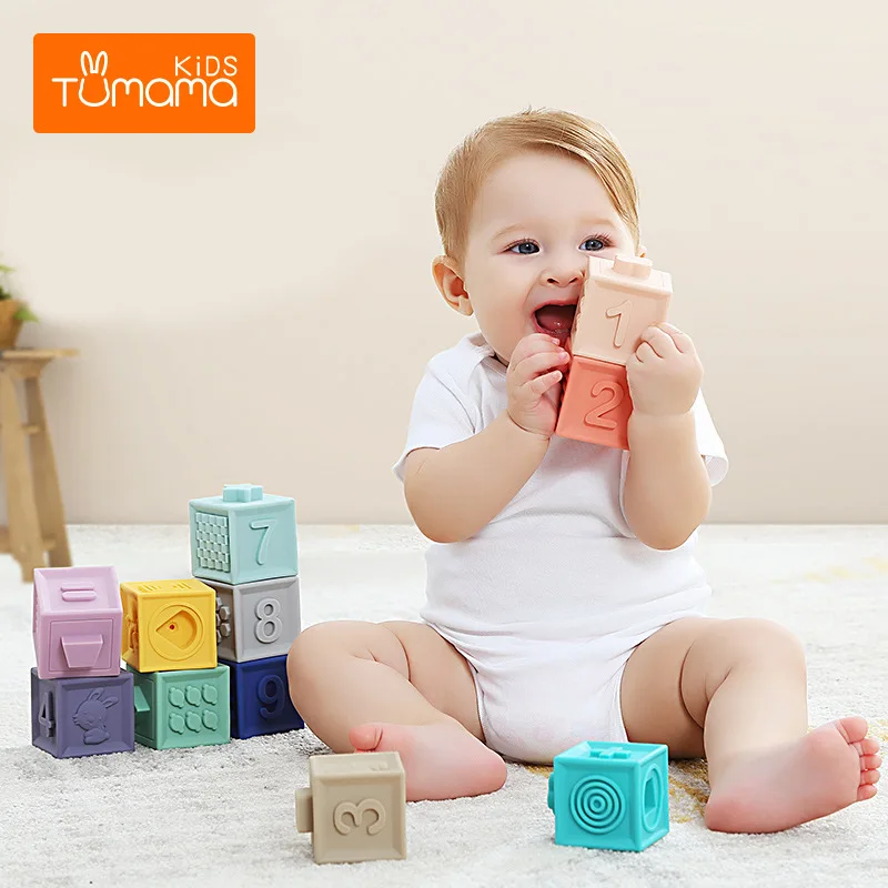 

Baby Soft Toys Sensory Silicone Educational Building Blocks 3D Hanging Ball Babies Rubber Teether Squeeze Bath Toys For Toddlers