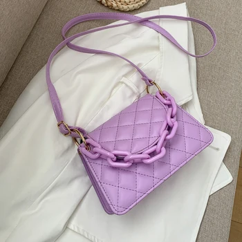 

Quilted Threads Candy Color Chain Crossbody Bags For Women 2020 Solid Color PU Leather Travel Fashion Luxury Shoulder Handbags