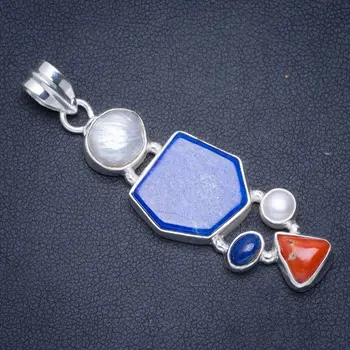 

Natural Lapis Lazuli,River Pearl and Red Coral Handmade Unique 925 Sterling Silver Pendant 2.25" A0259