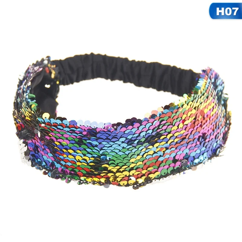 Reversible Sequin Girls Headband Mermaid Elastic Fabric Hairband Summer Style Wide Head Band For Female Women Hair Accessories - Цвет: H07