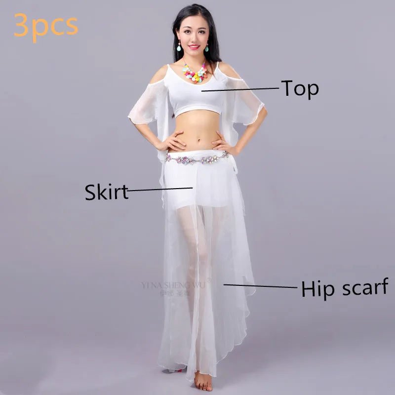 3pcs-White Белый сетчатый сексуальный прозрачный женский костюм для танца живота, 3 предмета, длинный хип-шарф, танцовщица, PracticeTeam Dance, одежда для восточных танцев - Цвет: 3pcs-White
