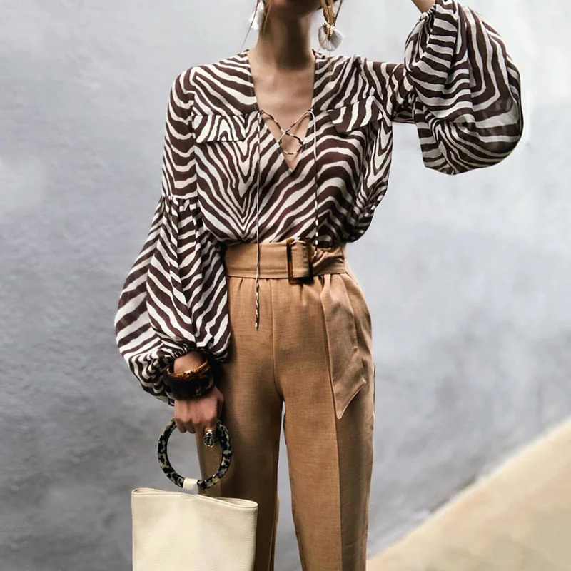 Spring V-neck Women Shirts Autumn Blouses Long Lantern Sleeve Casual Office Lady Stripe Fashion Female Blouse Blusas Femininas