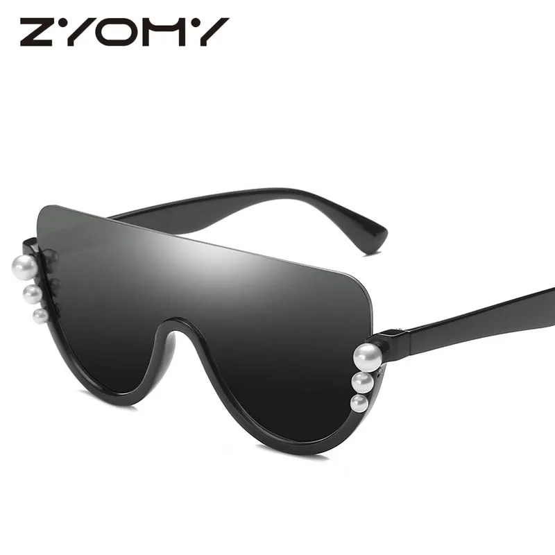 C3 black black grey Женские солнцезащитные очки, украшенные жемчугом, фирменный дизайн, UV400, цельные сиамские очки-половинки в оправе, большая коробка, очки для вождения - Цвет линз: C3 black black grey