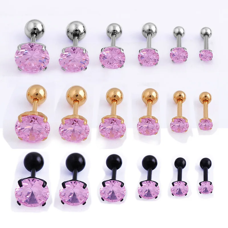 1PC Stainless Steel Cartilage Piercing Earrings Cz4 Prong Tragus Cartilage Ear Stud Pink Crystal Zircon Earring Piercing Jewelry