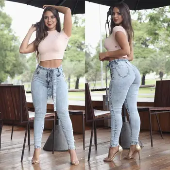 

Women's Jeans 2019 New High-waisted Snowflake Ribbon Small Feet Denim Pants Women's Pencil Pants
