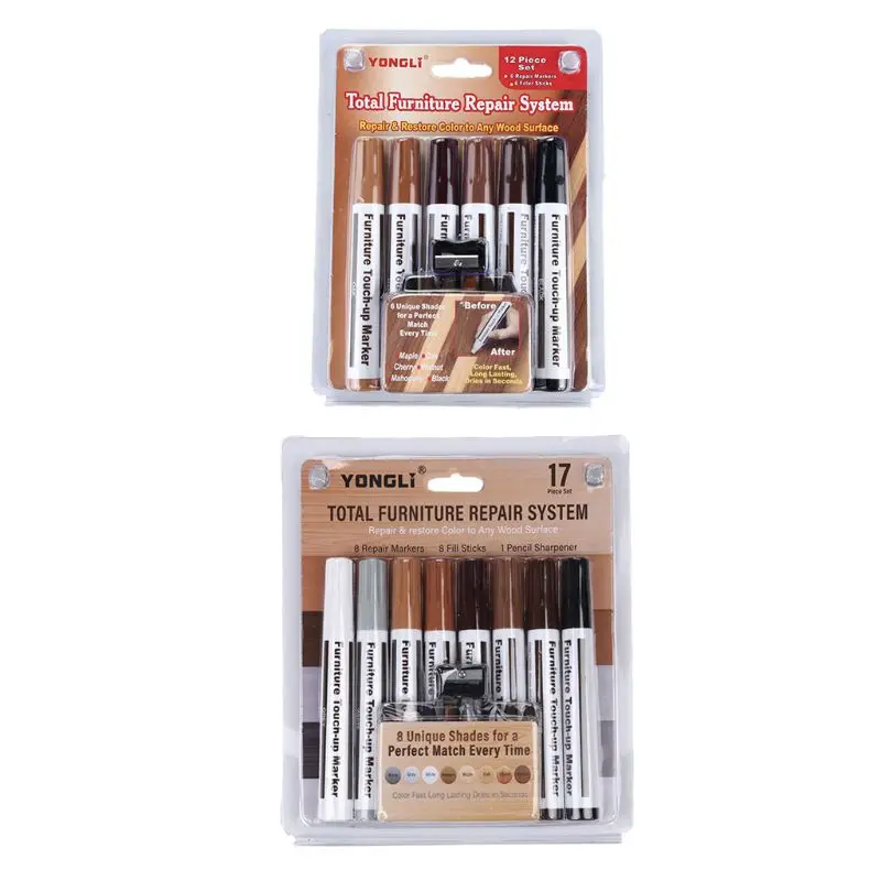 Furniture Repair Markers Set of 13 Markers and Wax Sticks with Sharpener for stains, Scratches, Floors,