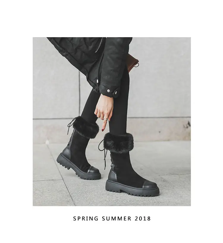 Новинка года; Модные женские короткие зимние ботинки; женская зимняя обувь до середины икры; утепленная хлопковая плюшевая обувь со шнуровкой сзади; Цвет черный, коричневый