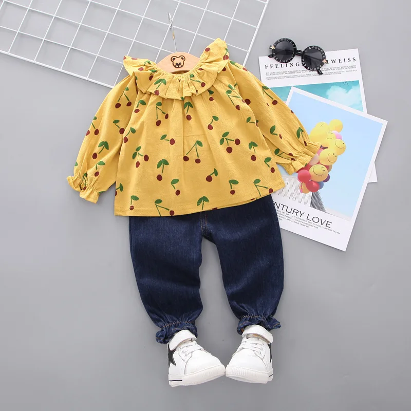

2019 Autumn Children Cherry Set Baby Girls Set Generous Fashion New Style Korean-style Two-Piece Set