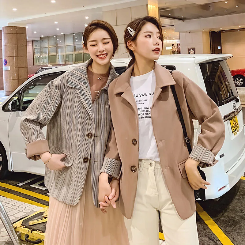 

Photo Shoot 2019 Spring New Style WOMEN'S Dress Korean-style Loose-Fit Versatile Cuff Contrast Colors Casual CHIC Small Suit Coa