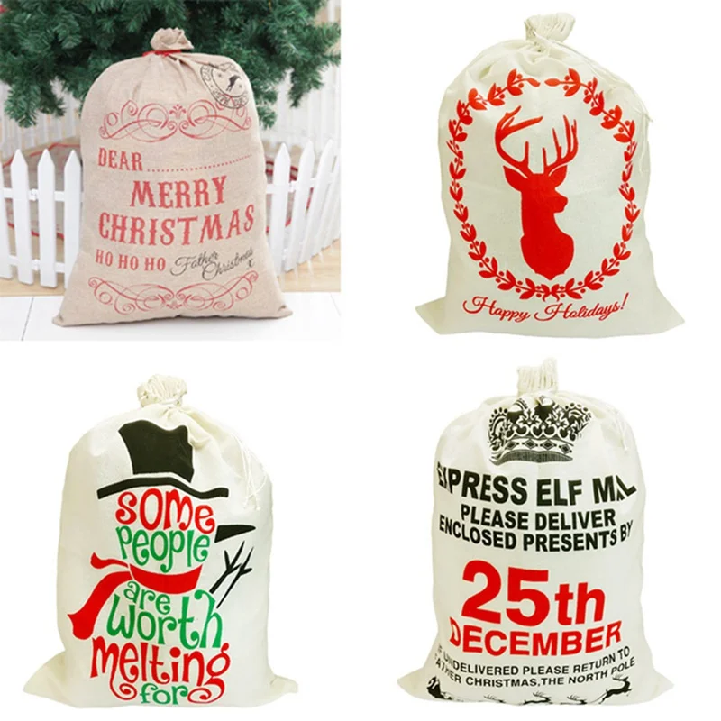 

Christmas Gift Santa Sacks 50x70cm Large Candy Pouch Merry Christmas Drawstring Canvas Gift Bags For New Year Rustic Packaging