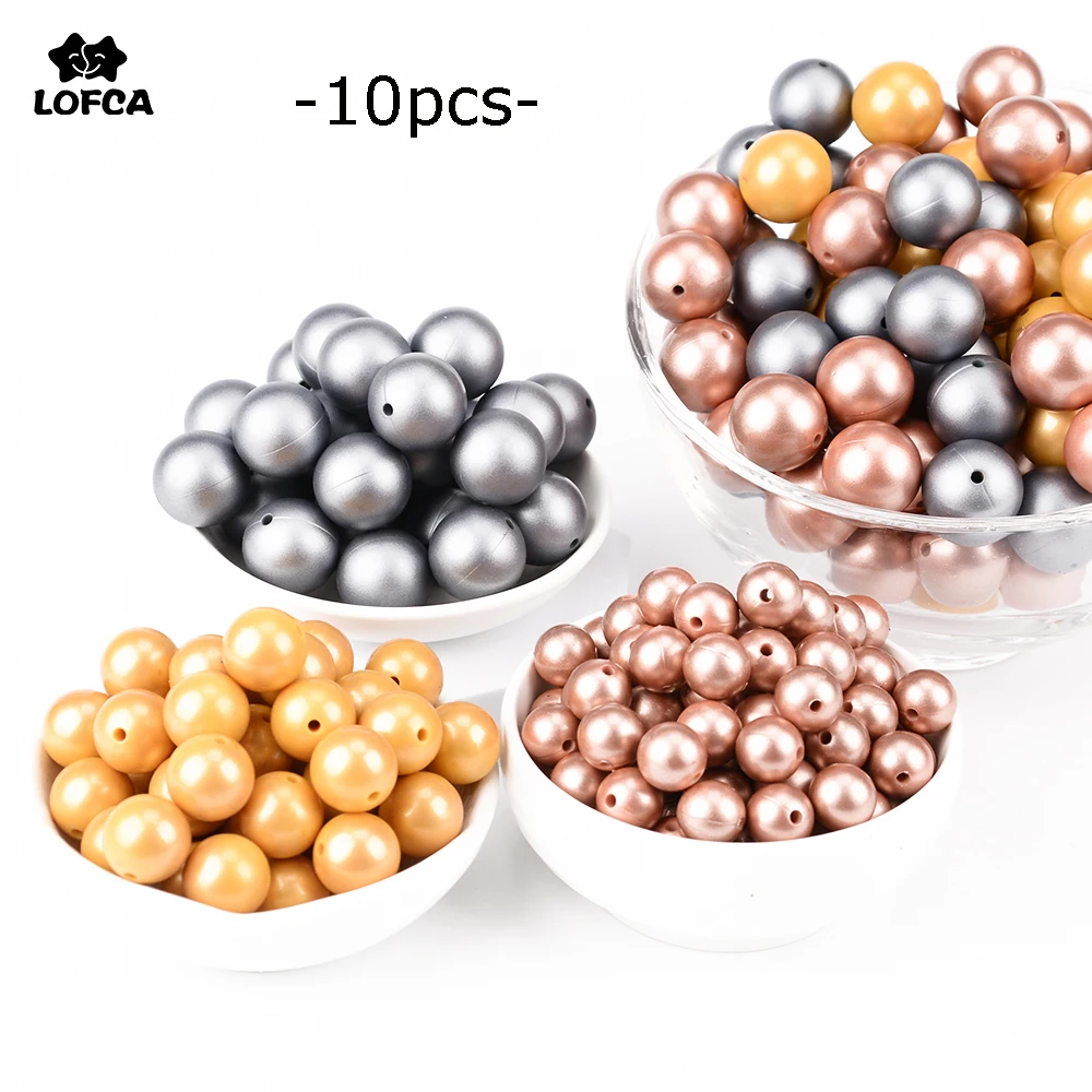 

LOFCA 10PCS Silicone Beads Metallic Silver/Glod/Copper Print 12mm/15mm/19mm Teething Colorful For Infant Teether DIY Baby