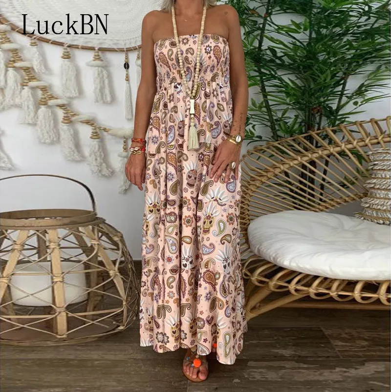 LuckBN Bohemian Women's Clothing Dresses 5XL Plus Size Vintage Print
Strapless Loose Sundress Wrapped Chest Long Maxi Robe Femme