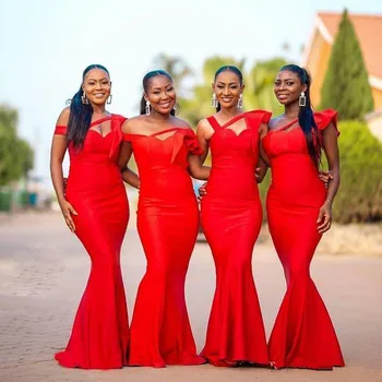 

Sexy Plus Size Red African Mermaid Bridesmaid Dresses Off Shoulder Satin Wedding Guest Gowns Maid Of Honor Dress New Coming