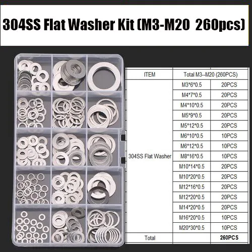 

WHUZF 260 шт./компл., DIN125 M3 M4 M5 M6 M8 M10 M12 M14 M16 M20 304, плоская шайба из нержавеющей стали, стандартный цветовой набор