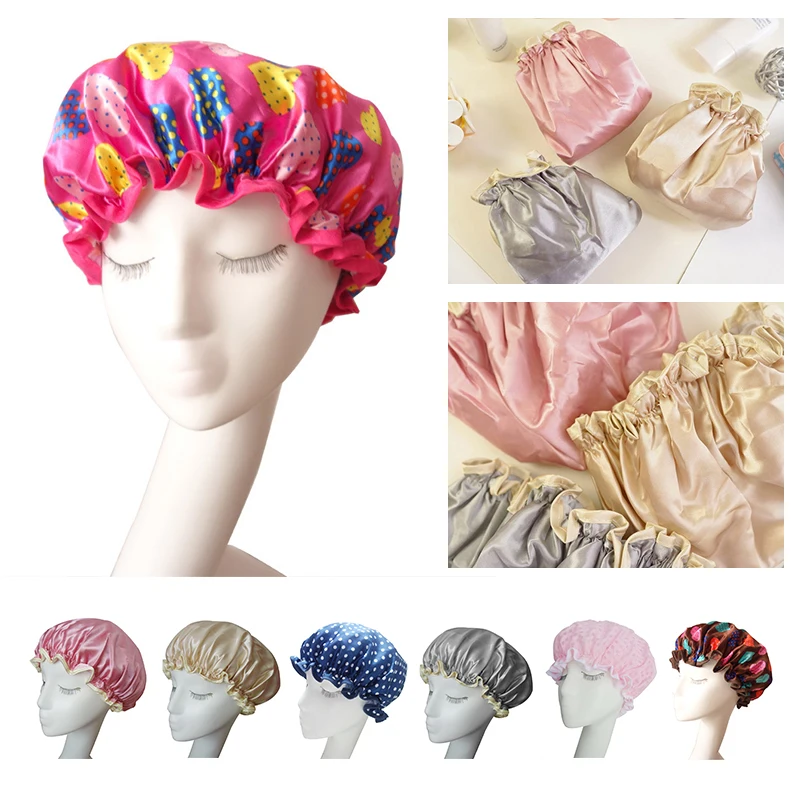 

Bath Shower Cap Reusable Two-double Waterproof Fashion Bathing Hair Cover for Adults Chiffon + Peva Hair Drying Hat Drop ship