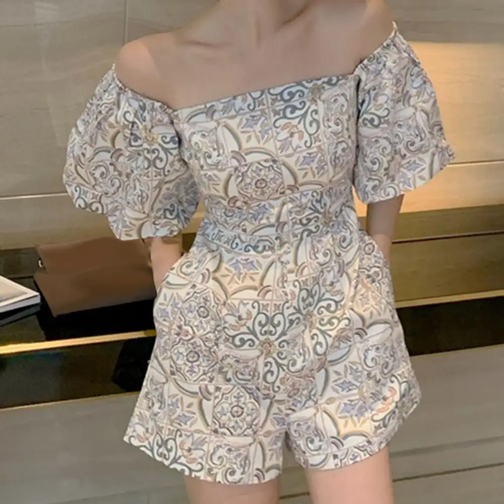 Puff Sleeve Off Shoulder Women's Jumpsuit Summer Waist Tight Floral Print Romper Sleeveless Playsuit For Women Casual Playsuits