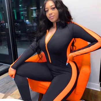 

Women Long Sleeve Stripe Print Workout Jumpsuit Sports Fitness Skinny Zipper Playsuit Streetwear Outfits Bodysuit Rompers