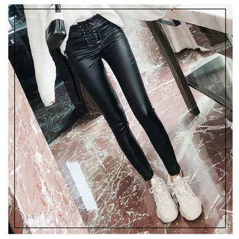 

Ladies casual PU black pencil pants sashes slim fake zippers trousers made of high-grade fabrics keep warming PU pants S M L XL