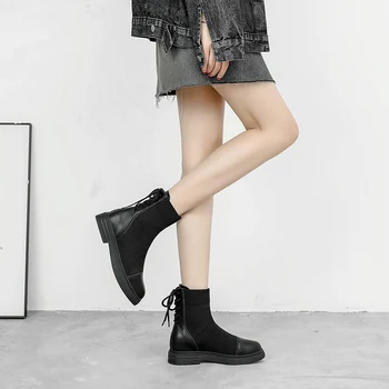 

2019 Autumn Winter Spring Fashion Back Lace Up Ankle Sock Leather Knit Boots Women