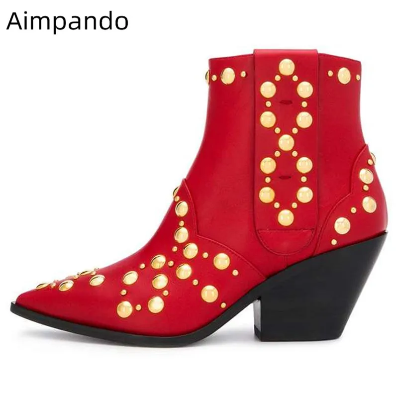

Gold Rivets Fashion Boots Women Point Toe Side Zip Slim Party Bottes Square High Heel Real Leather New Coming Martin Boots Mujer