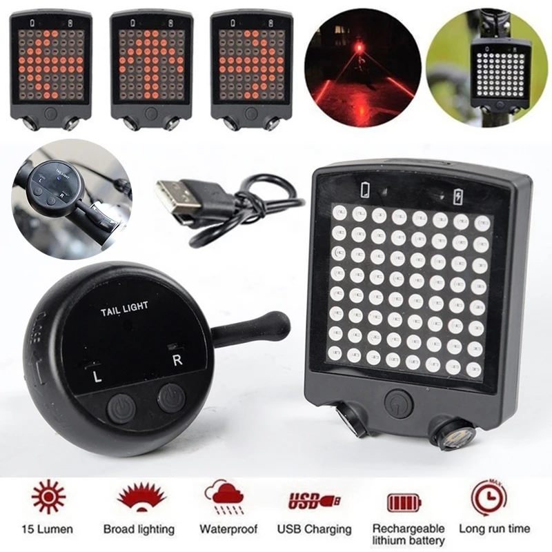 

1set 3 Modes USB Rechargeable 64LED Bike Bicycle Tail Light Turn Signal Rear Lamp + Wireless Remote Laser Tail Turn Signal Lamp
