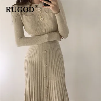 

RUGOD Chic Simplee Korean Knitted Maxi Wrap Dress Solid Full Sleeves Top For Women Casual Retro Ladies Dresses Collect Waist