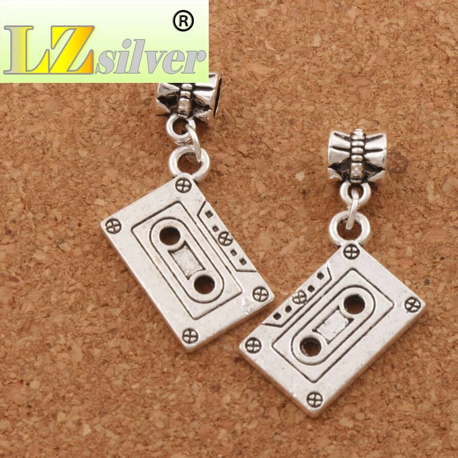Music Cassette Tape Charm Beads 100pcs zinc alloy Dangle Fit European Bracelets B258 37.8X16.2mm