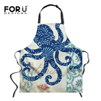 

FORUDESIGNS Ocean Style Kitchen Sleeveless Apron Octopus/Hippocampus Print BBQ Oil Proof Aprons Home Cooking Accessories