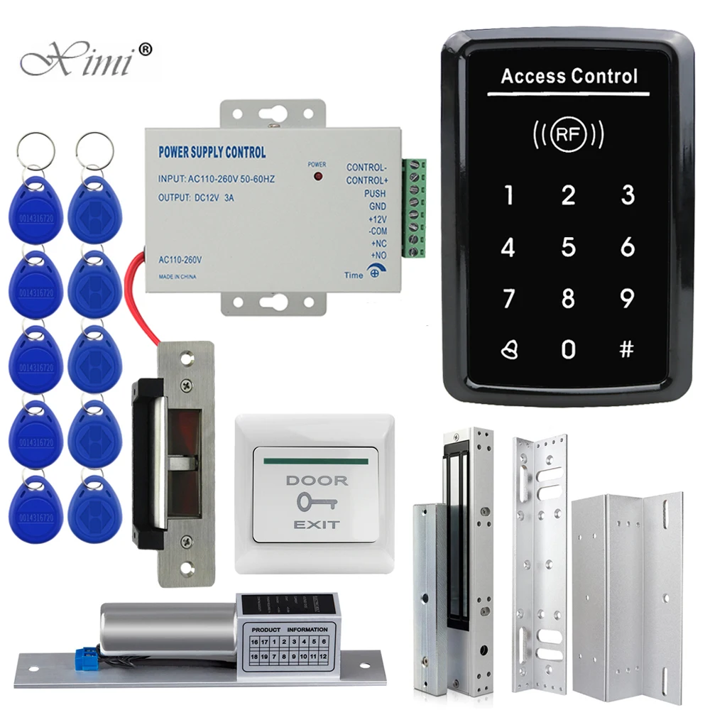 

RFID Access Control System Kit Standalone Controller Keypad 1000 Users Electronic Door Lock Power Supply 125KHz ID Keyfobs Tags