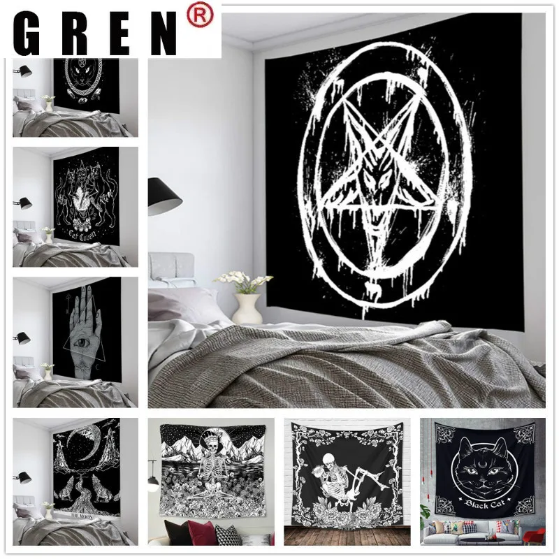 GREN Pentagram Tarot Black Cat Tapestry Wall Art Hanging Sofa Background Posters Modern Bedroom Living Room Home Decor | Дом и сад