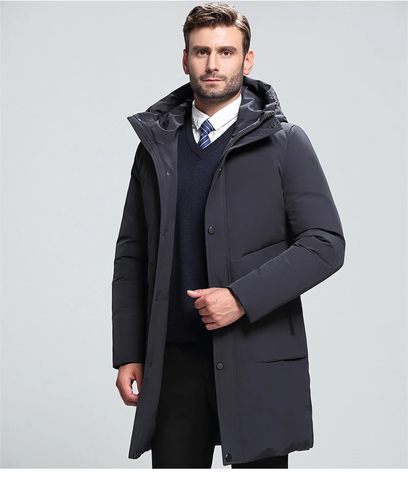 New Men's Black White Down Jacket Fashion Long Hooded Solid Color Thick Winter Warm Gray Jacket Brand Men's Clothing,555
