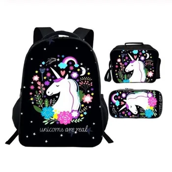 

High Capacity 3Pcs/Set Children Schoolbags 16 Inch Printing Cartoon Unicorn Kids School Bags for Boys Shoulder Backpacks Student