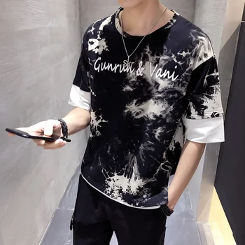 

New T-shirt summer men's short-sleeved round neck camouflage print stitching student trendy clothes tops cotton Free shipping