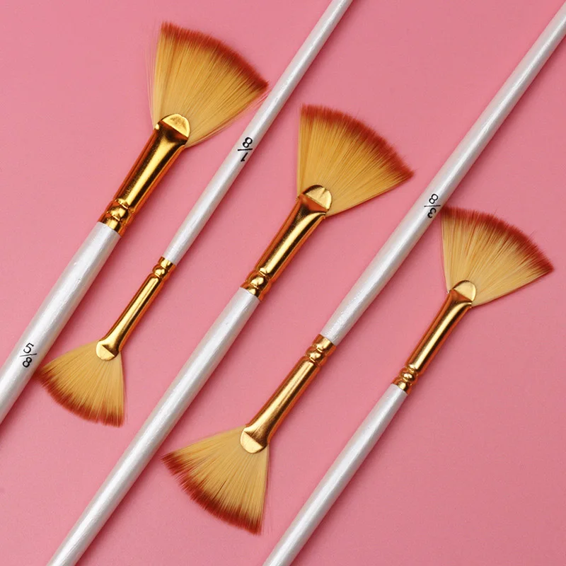 5 pcs set student short-wood pole fan shape paint brush white gouache water painting bicolor nylon hair acrylic oil pen | Канцтовары для