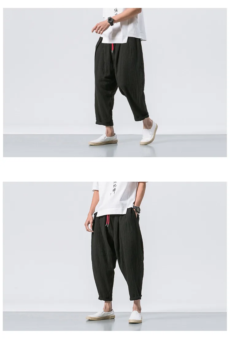 JDDTON New Men Summer Cotton Linen Harem Pants Fashion Low Gear Baggy Casual Loose Cropped Pants Drawstring Male Trousers JE076 high waisted harem pants