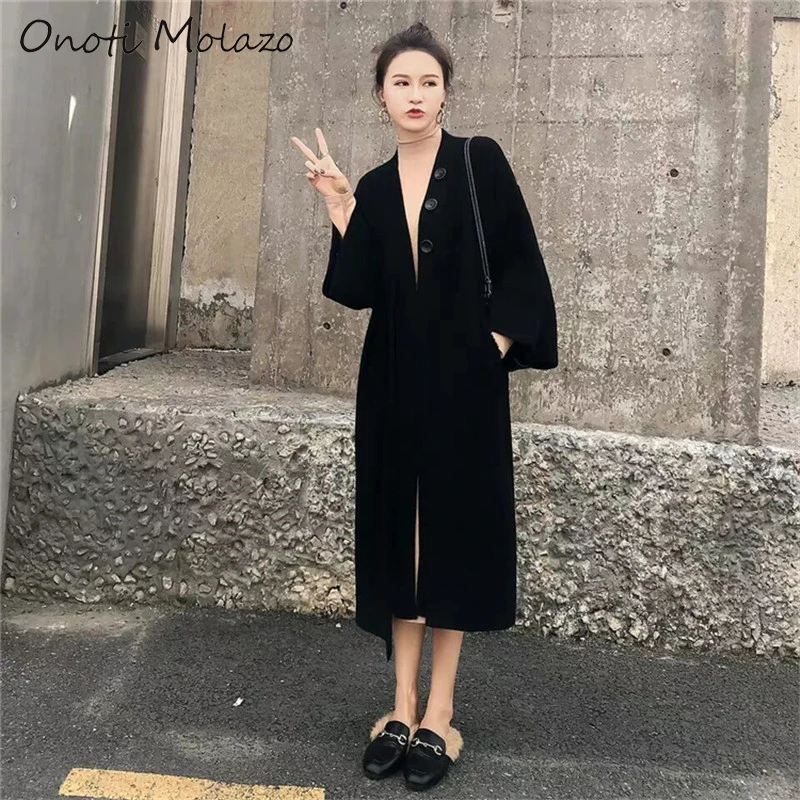 Onoti kimino cardigan buttons lantern sleeve pockets open stitch knitted sweater office ladies casual autumn winter outfit 2020