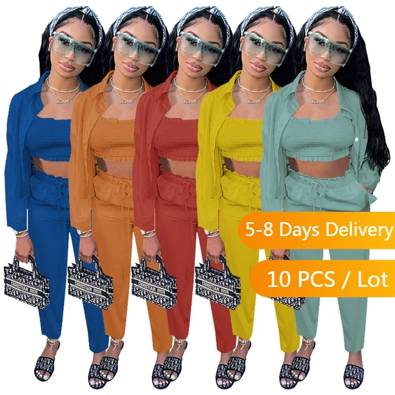 

Bulk Items Wholesale Lots Elegant 3 Piece Set Women Autumn Satin Club Outfits High Elastic Ruched Crop Top + Shirt and Pants Set
