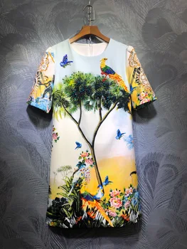 

2020 Spring summer high quality diamonds A-line dress Chic women's O-neck beading short sleeve dress B409