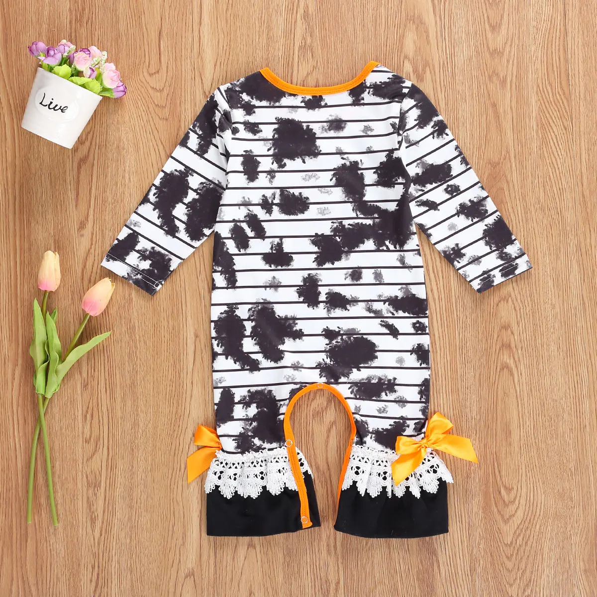 0-24 Months Autumn Baby Girls Boys Rompers Halloween Costume Tie-Dye Printed Long Sleeve Ruffles Jumpsuits Outfits