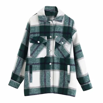 

Western Style WOMEN'S Dress Spring And Autumn New Style Fold-down Collar Woolen Plaid Shirt Coat Women's
