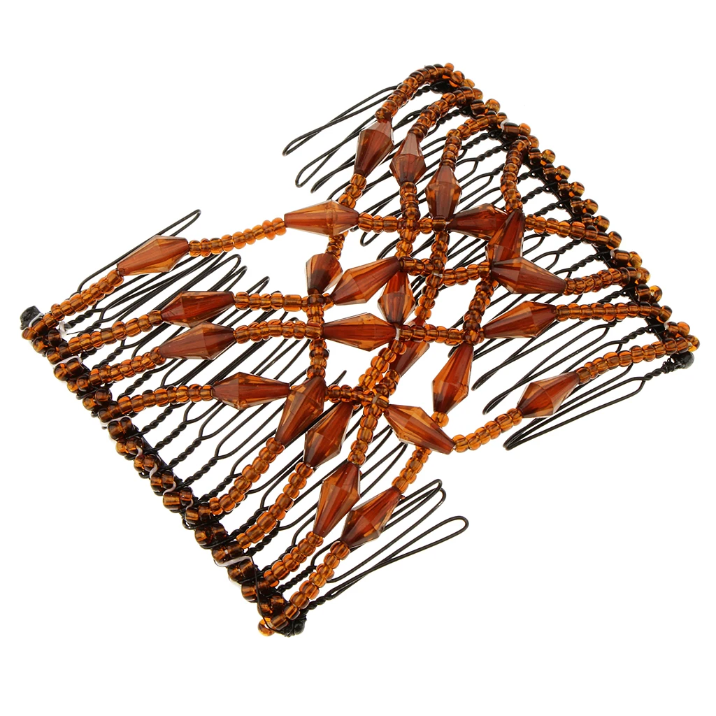 Elegant Women Bow Double Hair Comb Elastic Magic Acrylic Beads Clip Hairstyle Accessory