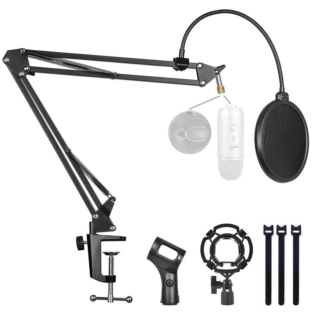 GEVO Microphone Stand For Blue Yeti And Fifine K669 With Mic Pop Filter and Shock Mount Boom Scissor Arm Bracke For BM 800 Mic
