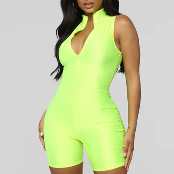 

Women Sleeveless V-neck Stretch Jumpsuit Romper Sexy Solid Biker Shorts Playsuit One-piece Sport Leotard Trousers Bodysuit