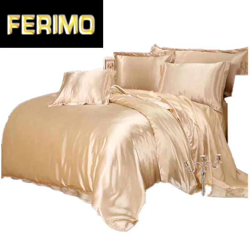 Luxury Satin Silk Bedding Sets Duvet Cover Flat Fitted Sheet Twin Full Queen King size 4pcs/6pcs linen set Black 100%golden 48 | Дом и сад