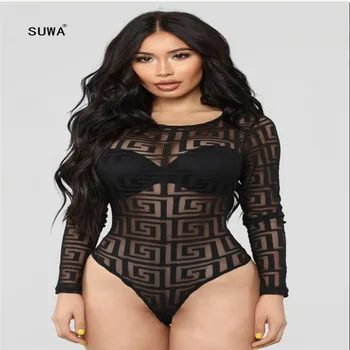 

2020 Europeans Hot Recommend Style Geometric Print Bodysuit Classic Streetwear Women O Neck Full Sleeve Catsuit Short Jumpsuit