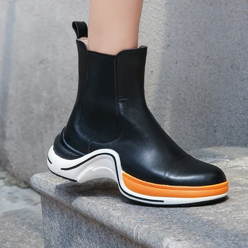 

Fashion Genuine Leather Women Ankle Boots Elastic Band Chelsea Boots Platform Boots Casual Shoes Woman large size 34-43