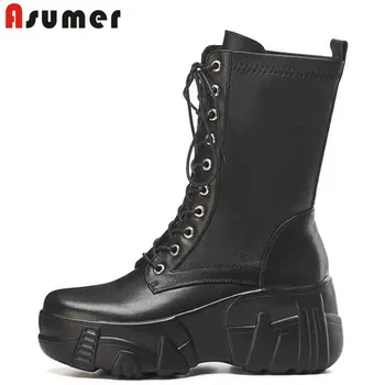 

ASUMER Genuine leather platform boots round toe lace up ankle boots for women thick sole casual shoes comfortable women boots