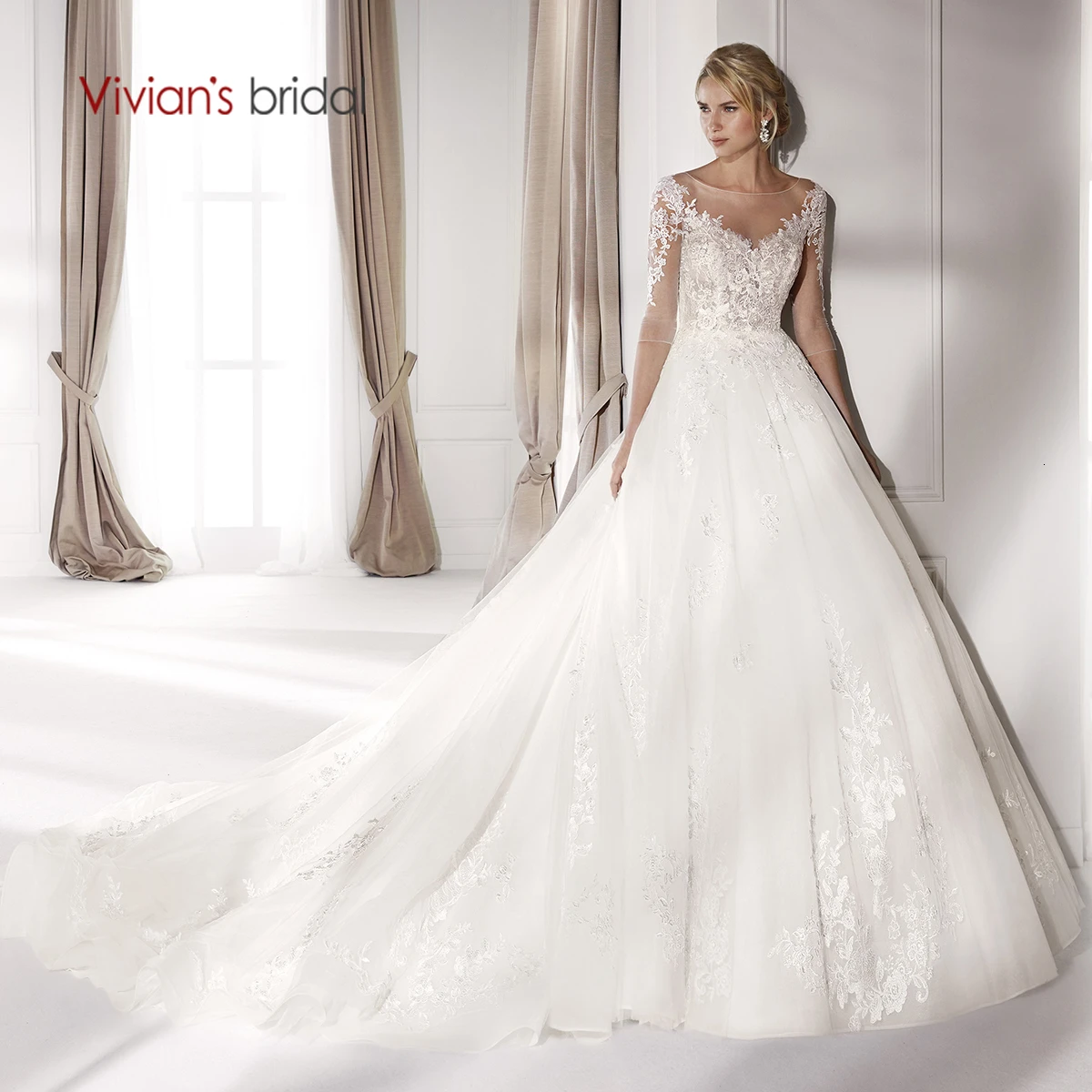 Vivian's Bridal Fantasy Princess свадебное платье 2019 элегантное кружевное Иллюзия Аппликации