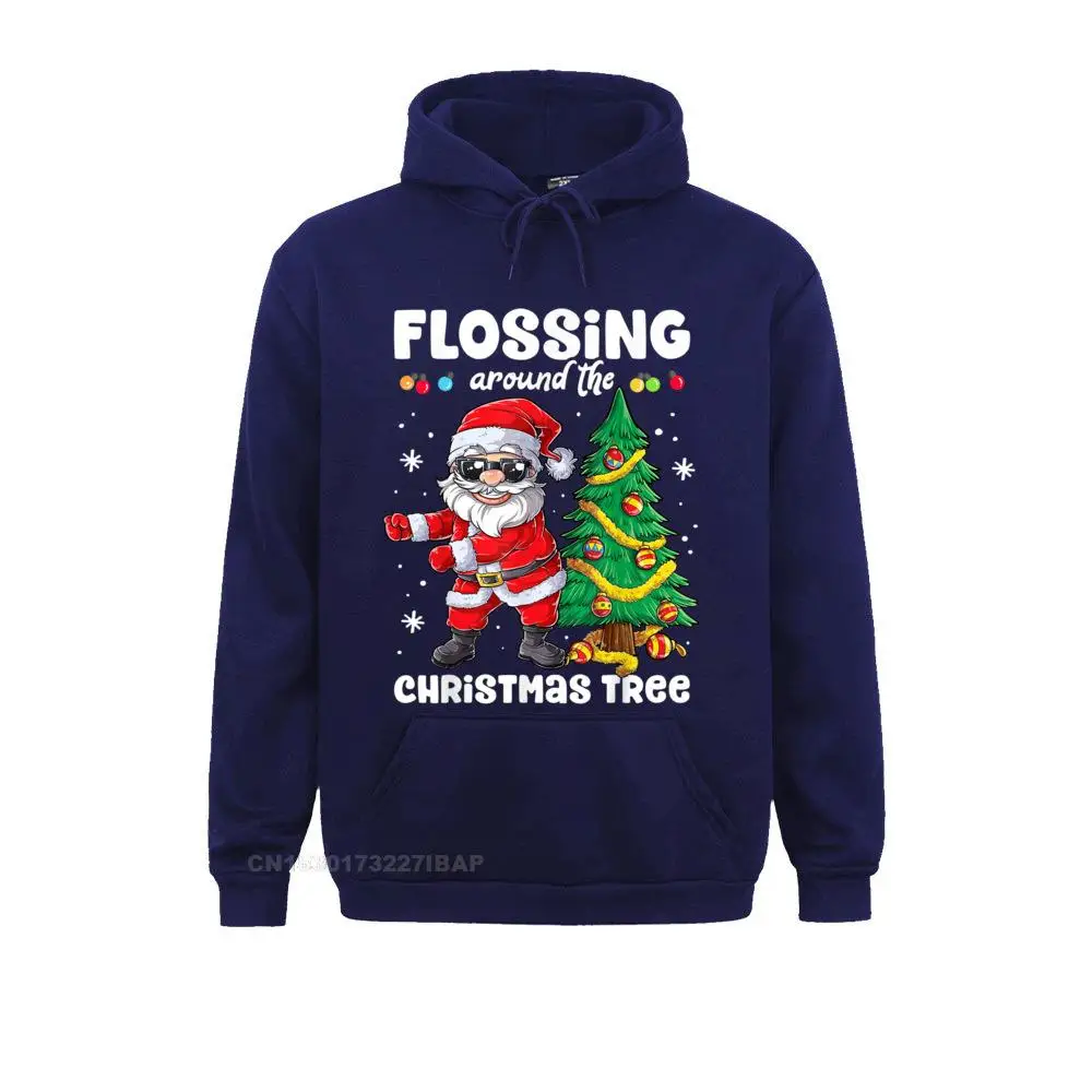 Sudadera con capucha personalizada para hombre con hilo dental de Papá Noel alrededor del árbol de Navidad y luces, nueva moda, con estampado
