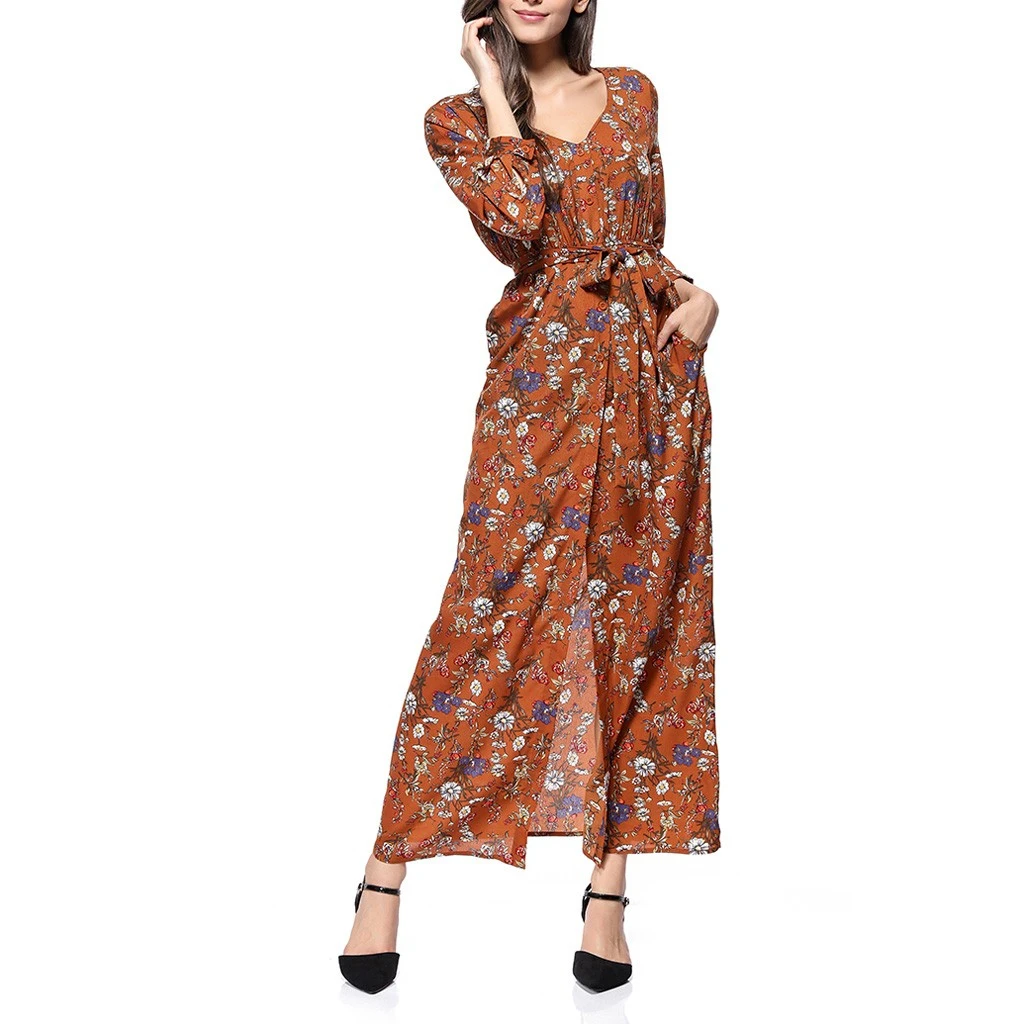 Loose Dresses Long Sleeve Winter Bohemian Beach Women Floral Print  Runway Dress Autumn Party Night Sundress Vestidos 822